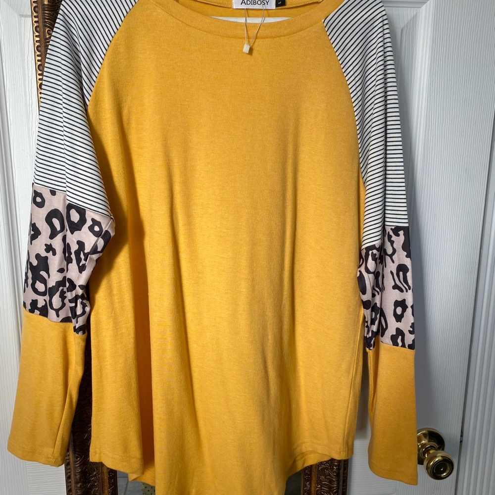 Yellow Long Sleeve Top with Striped and Leopard Print Sleeves